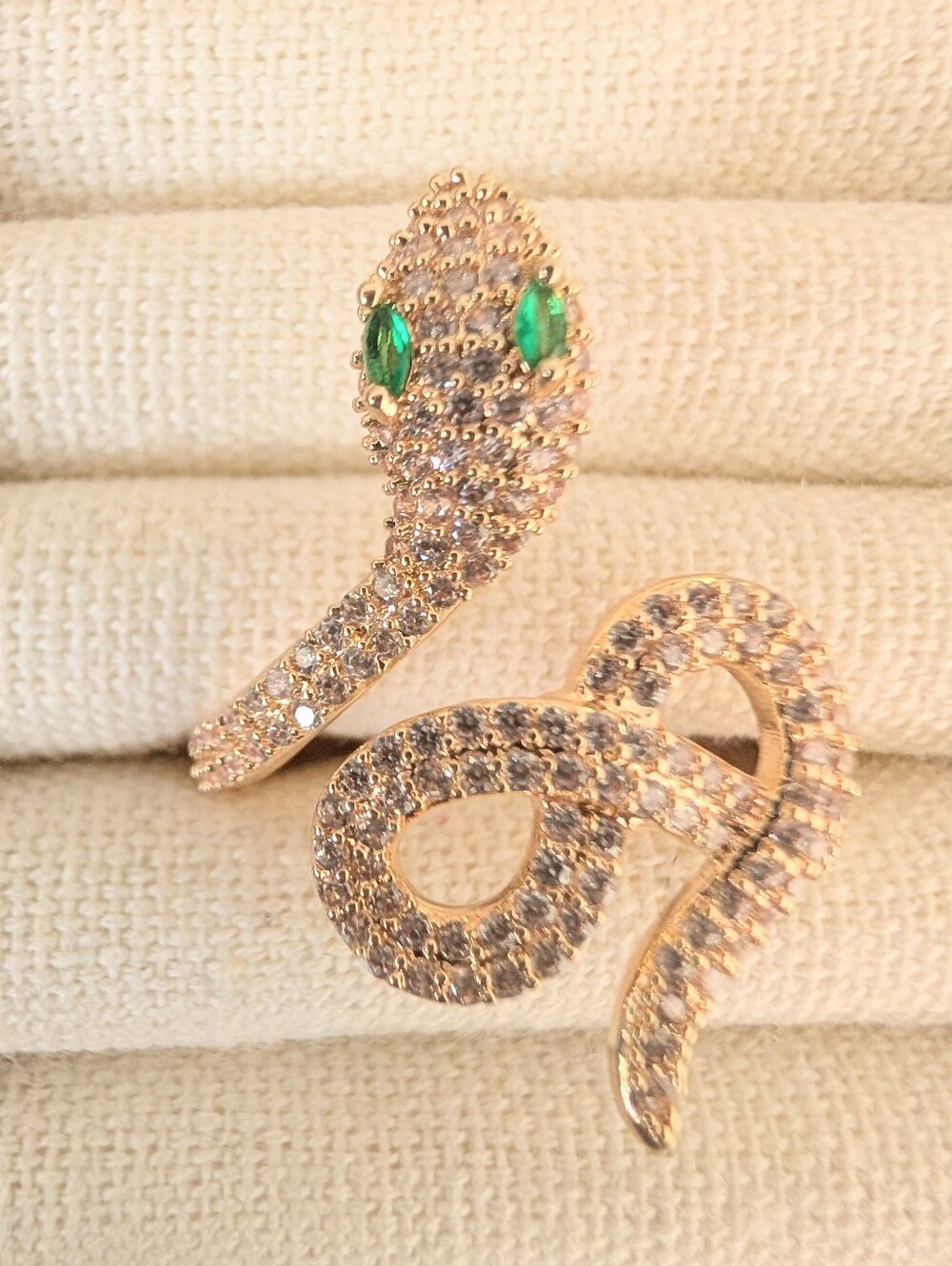 ⚡SALE⚡ Gold CZ Pave Snake Ring Size 8 Green emerald Looking Eyes - Goldtone Ring